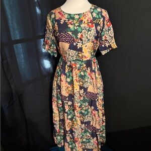 Floral Patchwork Midi Dress in Navy and Cream